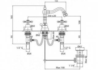 Смеситель для биде на три отверстия, бронза Cezares LORD-BBS2-02